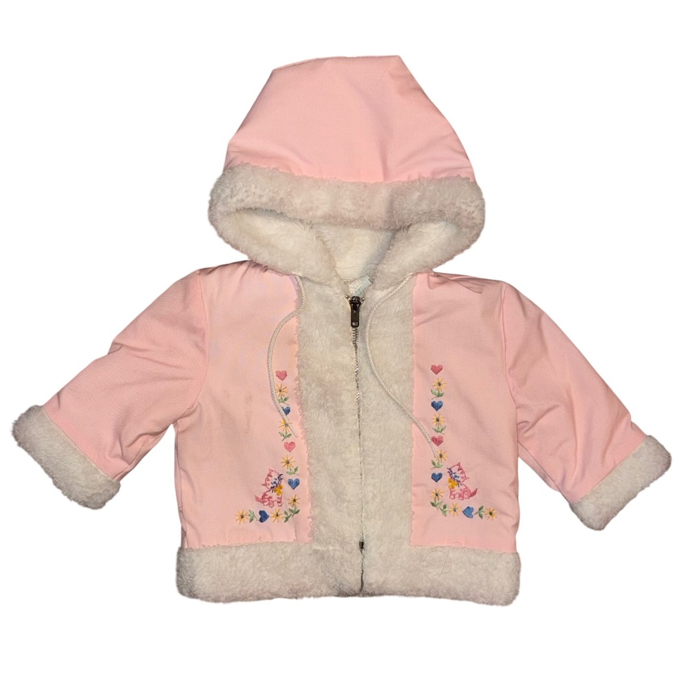 Vintage Quiltex Pink Faux Fur Lined Hooded Jacket Baby Girl 12 Months Embroidery